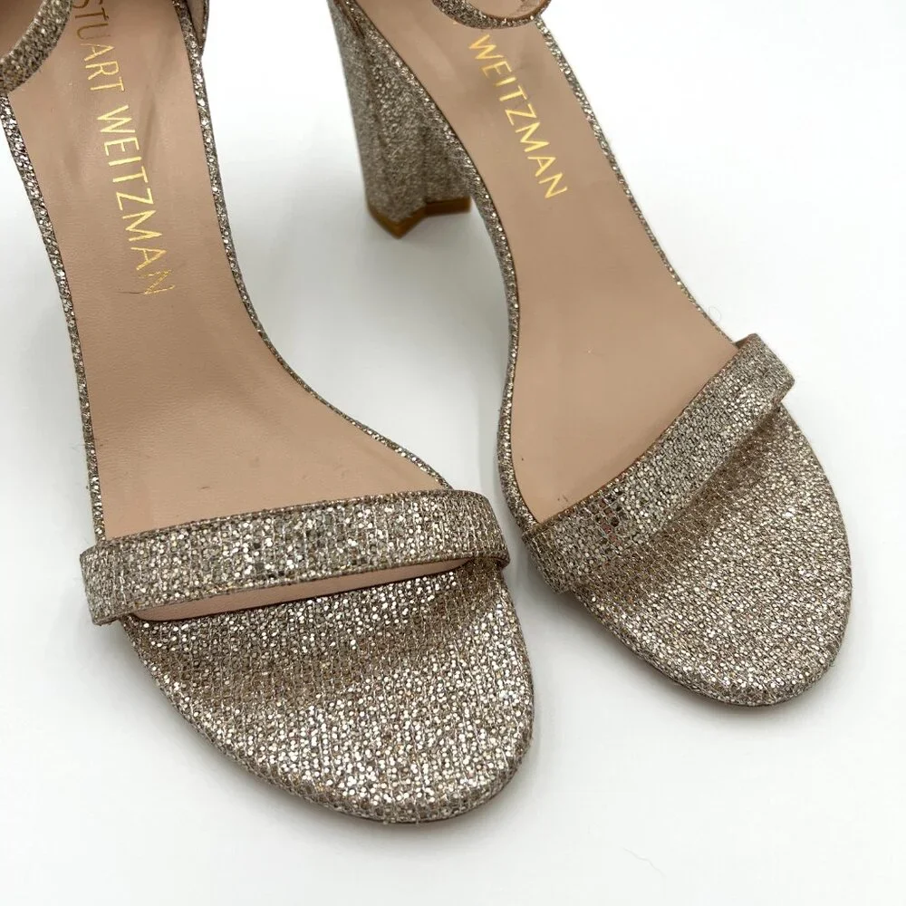 Stuart Weitzman NearlyNude Platinum Silver Glitter Sandals Heels Size 11 Heeled